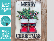 Load image into Gallery viewer, Christmas Santa Boot Foliage Door Hanger Sign File SVG, Candy Cane, Tree, Holly, Greens, Pinecone, Glowforge, LuckyHeartDesignsCo
