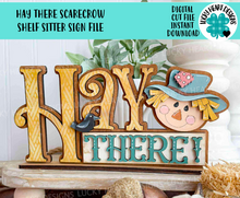 Load image into Gallery viewer, Hay There Scarecrow Shelf Sitter Standing File SVG, Glowforge Pumpkin Farm Girl, Boy, Autumn, Gourd, Decor, Tiered Tray, LuckyHeartDesignsCo
