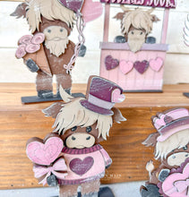 Load image into Gallery viewer, Highland Cow Kisses Valentine Standing File SVG, Balloon, Cupid Candy Chocolate Love, Heart, Farm, Tiered Tray Glowforge LuckyHeartDesignsCo
