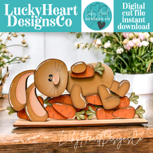 Load image into Gallery viewer, Floppy Bunny Laying Carrots Shelf Standing File SVG, Glowforge, Tiered Tray, Egg, Basket, Egg Hunt, LuckyHeartDesignsCo
