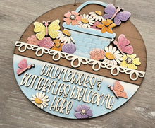 Load image into Gallery viewer, Flower Butterfly Holiday Door Sign Interchangeable File, SVG, Spring Basket Butterflies, Floral Tulip Daisy Seasonal Home Welcome, glowforge
