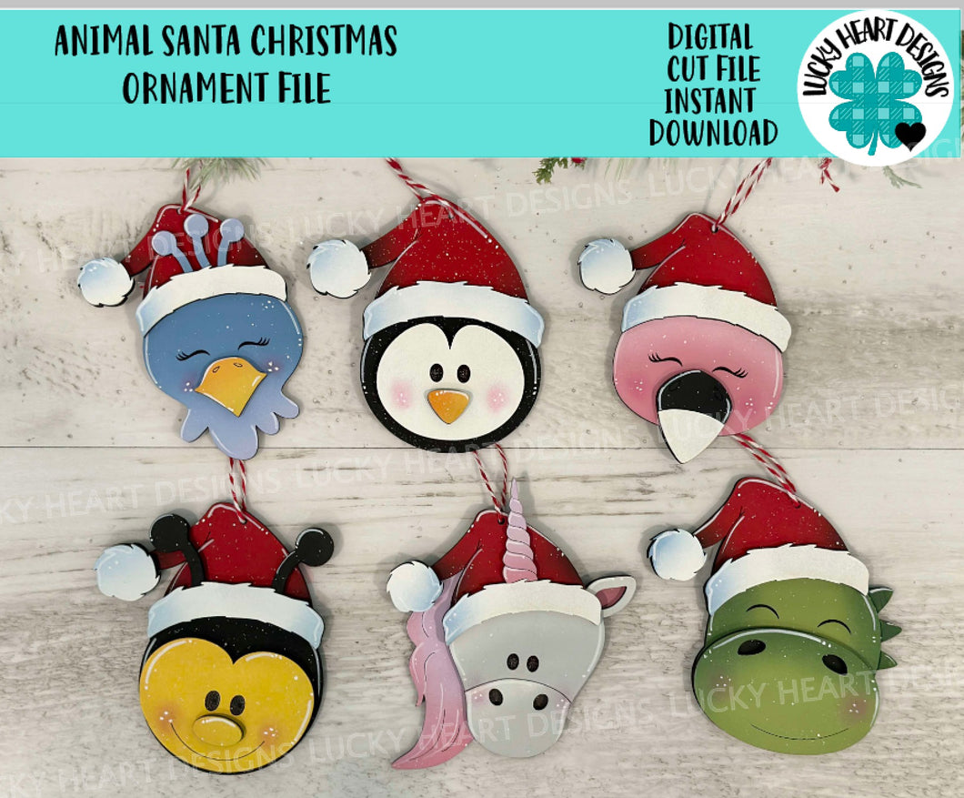 Animal Santa Ornament File SVG, Glowforge, Penguin, Dinosaur, Bee, Peacock, Unicorn, Flamingo, Baby Christmas, LuckyHeartDesignsCo