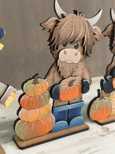 Load image into Gallery viewer, Fall Pumpkin Highland Standing File SVG,  Pumpkin, Cow, Scarecrow, Leaves, Autumn, Farm, Tiered Tray Glowforge, LuckyHeartDesignsCo
