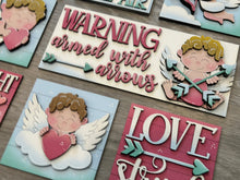 Load image into Gallery viewer, Cupid Valentine's Day Interchangeable Leaning Sign File SVG, Glowforge Tiered Tray, Love, Arrow, Heart, Cute, LuckyHeartDesignsCo
