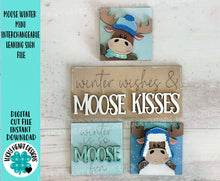 Load image into Gallery viewer, Moose Winter MINI Interchangeable Leaning Sign File SVG, Snowman, Hat, Snowflake, Tiered Tray Glowforge, LuckyHeartDesignsCo
