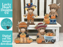 Load image into Gallery viewer, Fall Pumpkin Highland Standing File SVG,  Pumpkin, Cow, Scarecrow, Leaves, Autumn, Farm, Tiered Tray Glowforge, LuckyHeartDesignsCo
