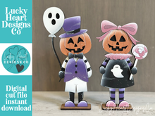 Load image into Gallery viewer, Pumpkin Head Boy and Girl Standing File SVG, Glowforge Fall, Ghost, Candy Halloween, Jack-O-Lantern, Decor, Tiered Tray, LuckyHeartDesignsCo
