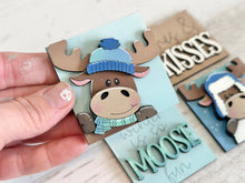 Load image into Gallery viewer, Moose Winter MINI Interchangeable Leaning Sign File SVG, Snowman, Hat, Snowflake, Tiered Tray Glowforge, LuckyHeartDesignsCo
