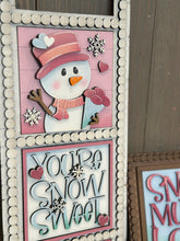 Load image into Gallery viewer, Snowman Valentines Day Interchangeable Leaning Sign File SVG, Love, Snowmen, Winter, Heart, Tiered Tray Glowforge, LuckyHeartDesignsCo
