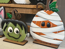 Load image into Gallery viewer, Halloween Faces Pumpkin Standing File SVG, Jack-o-lantern, Mummy, Werewolf, Frank, Ghost, Witch, Tiered Tray Glowforge, LuckyHeartDesignsCo
