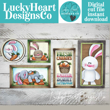 Load image into Gallery viewer, Floppy Easter Bunny Wall Sign Bundle Set File SVG, Glowforge, Spring, Carrot, Basket Cottontail, Chocolate, LuckyHeartDesignsCo
