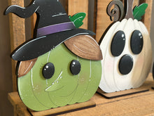 Load image into Gallery viewer, Halloween Faces Pumpkin Standing File SVG, Jack-o-lantern, Mummy, Werewolf, Frank, Ghost, Witch, Tiered Tray Glowforge, LuckyHeartDesignsCo
