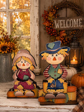 Load image into Gallery viewer, Scarecrows Shelf Hanging Sign File SVG, Fall, Farm, Pumpkin, Hay bale, Corn, Mantle decor, glowforge LuckyHeartDesignsCO
