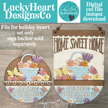 Load image into Gallery viewer, Flower Butterfly Holiday Door Sign Interchangeable File, SVG, Spring Basket Butterflies, Floral Tulip Daisy Seasonal Home Welcome, glowforge
