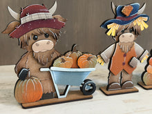 Load image into Gallery viewer, Fall Pumpkin Highland Standing File SVG,  Pumpkin, Cow, Scarecrow, Leaves, Autumn, Farm, Tiered Tray Glowforge, LuckyHeartDesignsCo
