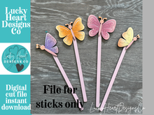 Load image into Gallery viewer, Butterfly Mug Stick File SVG, Glowforge Tiered Tray, Tray Decor, Plant Topper, Gift, LuckyHeartDesignsCo
