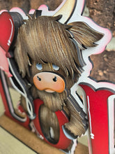 Load image into Gallery viewer, Highland Love Valentine Shelf Sitter Sign File SVG, Balloon, Cow, Love, Heart, Farm, Tiered Tray Glowforge LuckyHeartDesignsCo
