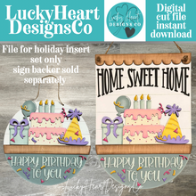 Load image into Gallery viewer, Birthday Holiday Door Sign Interchangeable File, SVG Cake, Balloon, Candles, Present, Celebrate, Seasonal, Home, Welcome, glowforge
