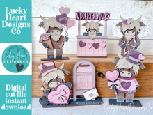 Load image into Gallery viewer, Highland Cow Kisses Valentine Standing File SVG, Balloon, Cupid Candy Chocolate Love, Heart, Farm, Tiered Tray Glowforge LuckyHeartDesignsCo
