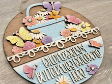 Load image into Gallery viewer, Flower Butterfly Holiday Door Sign Interchangeable File, SVG, Spring Basket Butterflies, Floral Tulip Daisy Seasonal Home Welcome, glowforge
