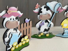 Load image into Gallery viewer, Dairy Cow Spring Butterfly Standing Sign File SVG, Glowforge Farm Flower Highland Kite, Daisy, Cow Umbrella Tiered Tray LuckyHeartDesignsCo
