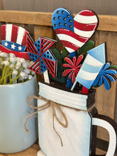 Load image into Gallery viewer, July Fourth Mug Stick File SVG, Glowforge Tiered Tray, America, USA, Fireworks, Flag, Summer Plant Topper, Gift, LuckyHeartDesignsCo
