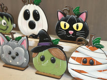 Load image into Gallery viewer, Halloween Faces Pumpkin Standing File SVG, Jack-o-lantern, Mummy, Werewolf, Frank, Ghost, Witch, Tiered Tray Glowforge, LuckyHeartDesignsCo
