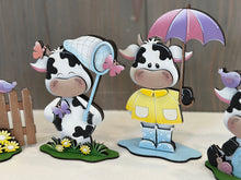 Load image into Gallery viewer, Dairy Cow Spring Butterfly Standing Sign File SVG, Glowforge Farm Flower Highland Kite, Daisy, Cow Umbrella Tiered Tray LuckyHeartDesignsCo

