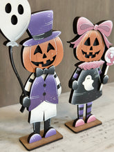 Load image into Gallery viewer, Pumpkin Head Boy and Girl Standing File SVG, Glowforge Fall, Ghost, Candy Halloween, Jack-O-Lantern, Decor, Tiered Tray, LuckyHeartDesignsCo
