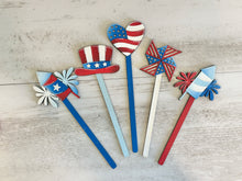 Load image into Gallery viewer, July Fourth Mug Stick File SVG, Glowforge Tiered Tray, America, USA, Fireworks, Flag, Summer Plant Topper, Gift, LuckyHeartDesignsCo
