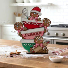 Load image into Gallery viewer, Gingerbread Men Stacking Bowls Standing Sign File SVG, Santa Christmas Baking Cookies Mantle decor Centerpiece glowforge LuckyHeartDesignsCo
