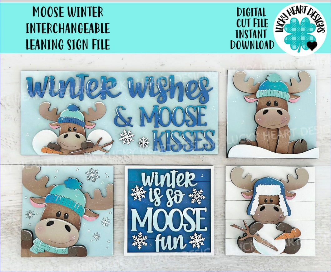 Moose Winter Interchangeable Leaning Sign File SVG, Snowman Tiered Tray, Glowforge, LuckyHeartDesignsCO