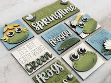 Load image into Gallery viewer, MINI Frog Spring Interchangeable Leaning Sign File SVG, Lilypad, Pond, Tiered Tray Glowforge, LuckyHeartDesignsCo
