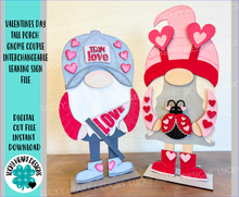 Load image into Gallery viewer, Valentine Tall Porch Gnome Couple Interchangeable Leaning Sign Gnome File SVG, Valentine&#39;s Day(hat add on), love, hearts,  Glowforge, LuckyHeartDesignsCo
