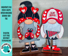 Load image into Gallery viewer, Valentine Tall Porch Gnome Couple Interchangeable Leaning Sign Gnome File SVG, Valentine&#39;s Day(hat add on), love, hearts,  Glowforge, LuckyHeartDesignsCo
