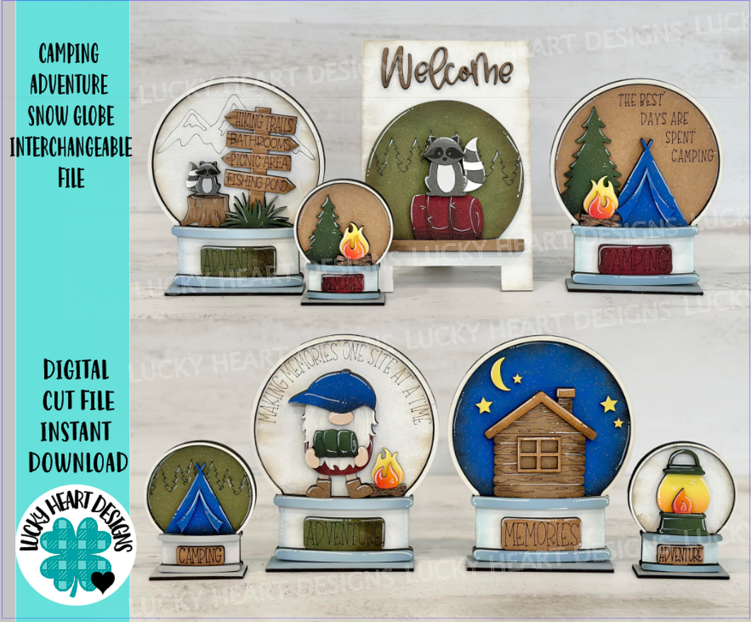 Camping Adventure Snow Globe Interchangeable File SVG, Gnome, Raccoon, Cabin, Tent, Camper, Glowforge, Tiered Tray LuckyHeartDesignsCo