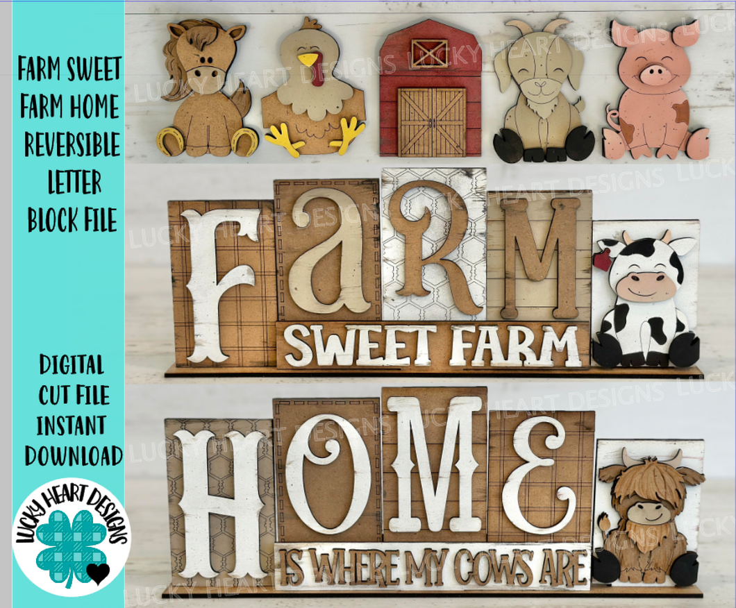 Farm Sweet Farm Home Reversible Blocks File SVG,Tiered Tray, Letters, Barn, Highland Cow, Pig, Horse Chicken, Glowforge, LuckyHeartDesignsCo