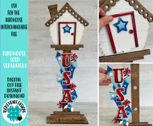 Load image into Gallery viewer, USA for the Birdhouse Interchangeable File SVG, Glowforge, Fall, Seasonal, Holiday Shapes, America, Fourth of July, LuckyHeartDesignsCo
