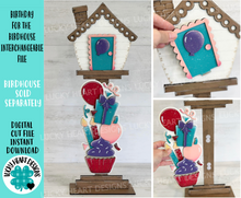 Load image into Gallery viewer, Birthday for the Birdhouse Interchangeable File SVG, Balloons Cupcake Candle Present Seasonal Holiday Shapes, Glowforge, LuckyHeartDesignsCo

