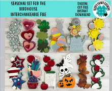Load image into Gallery viewer, Seasonal Bundle for the Birdhouse Interchangeable File SVG, Glowforge, Holiday Shapes, Christmas, Spring, Bird house, LuckyHeartDesignsCo
