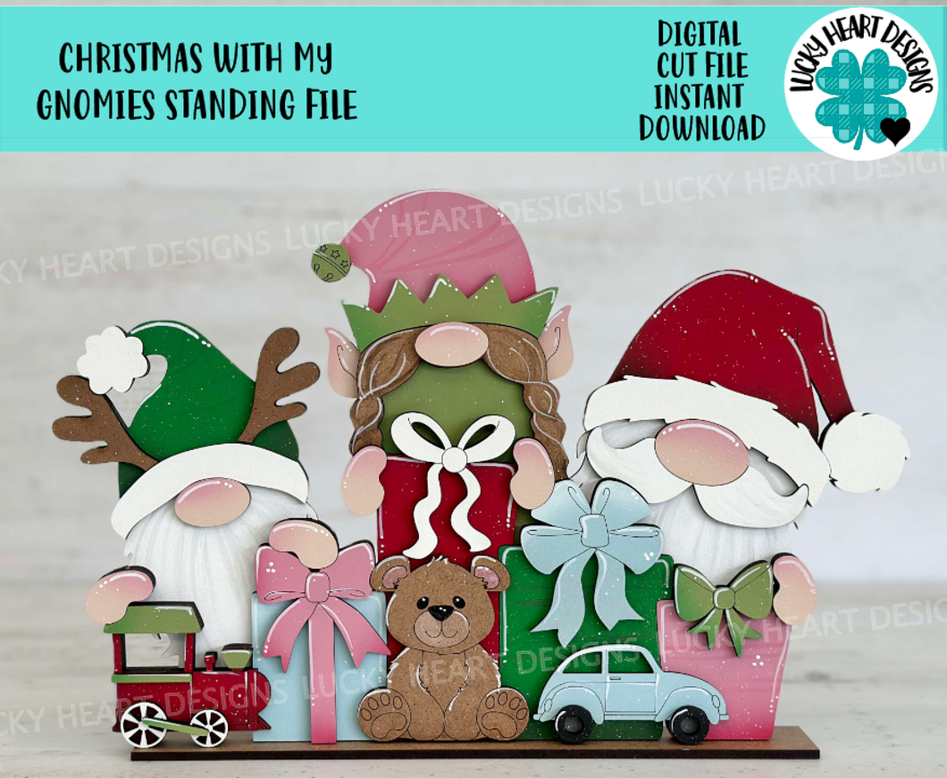 Christmas With My Gnomies Standing File SVG, Gnome, Santa, Rudolph, Elf, Present, Reindeer, Glowforge, LuckyHeartDesignsCo