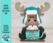 Load image into Gallery viewer, Moose Winter Hot Cocoa Standing File SVG, Snowflake, Frosty, Snowman, Reindeer, Holiday, Tiered Tray, Glowforge, LuckyHeartDesignsCo
