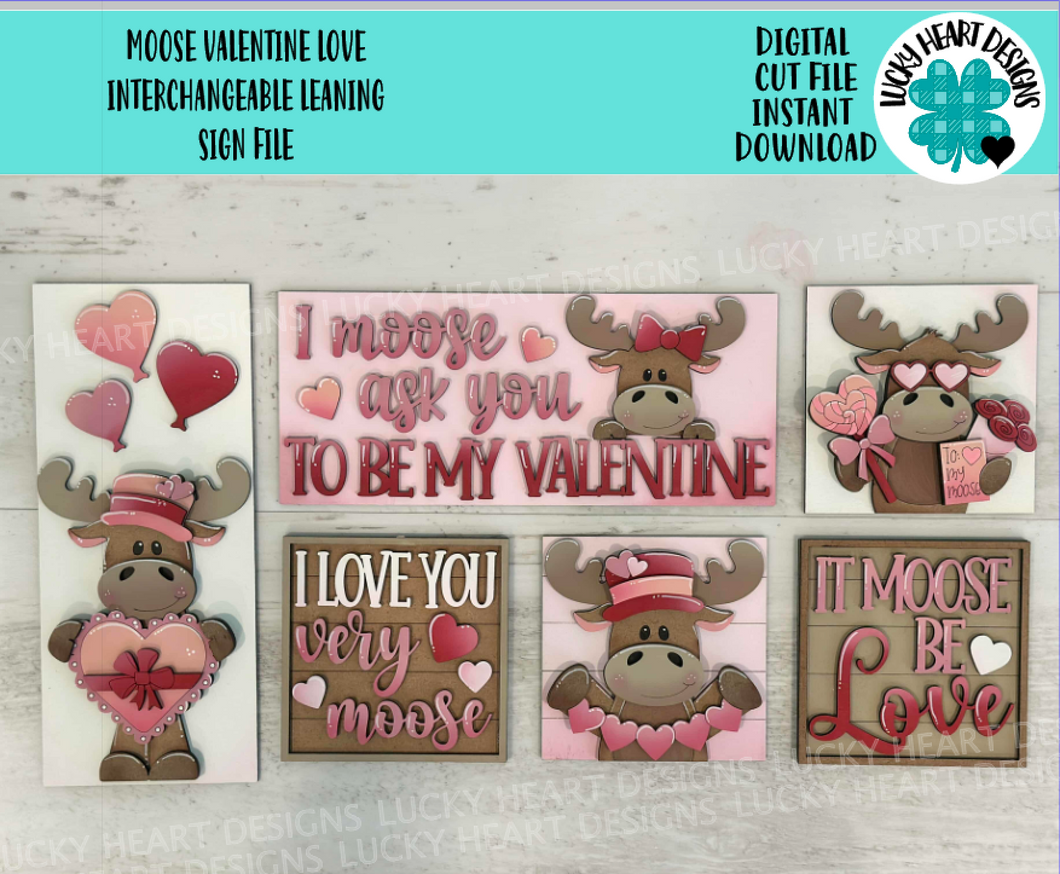 Moose Valentine Interchangeable Leaning Sign File SVG, Love, Woodland, Heart, Tiered Tray Glowforge, LuckyHeartDesignsCo