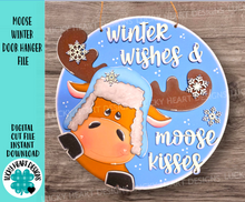 Load image into Gallery viewer, Moose Winter Wishes Door Hanger Sign SVG File, Snowman, Snowflake Sign,  Glowforge, LuckyHeartDesignsCo
