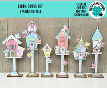 Load image into Gallery viewer, Birdhouses Set Standing Houses File SVG, Glowforge, Flower, Bird, Spring, Summer, LuckyHeartDesignsCo
