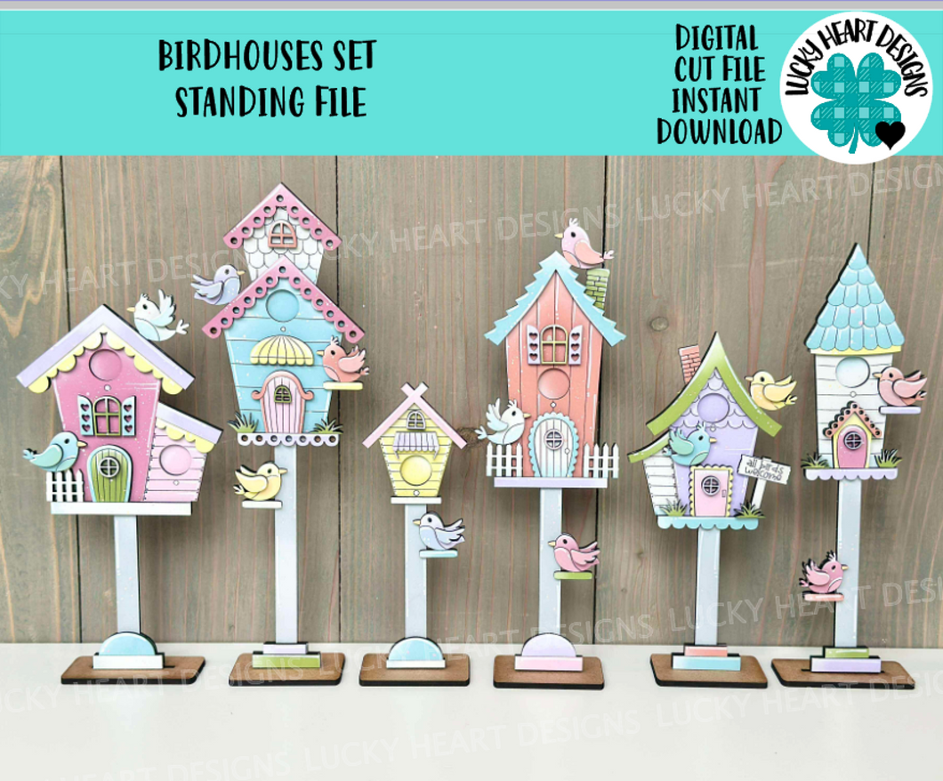Birdhouses Set Standing Houses File SVG, Glowforge, Flower, Bird, Spring, Summer, LuckyHeartDesignsCo
