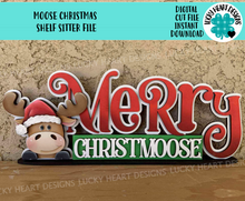 Load image into Gallery viewer, Moose Christmas Shelf Sitter Standing Sign File SVG, Elf, Reindeer, Santa, Mantle decor, Centerpiece, glowforge, LuckyHeartDesignsCo
