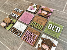 Load image into Gallery viewer, MINI Highland Cow Interchangeable Leaning Sign File SVG, Farm Tiered Tray Glowforge, LuckyHeartDesignsCo
