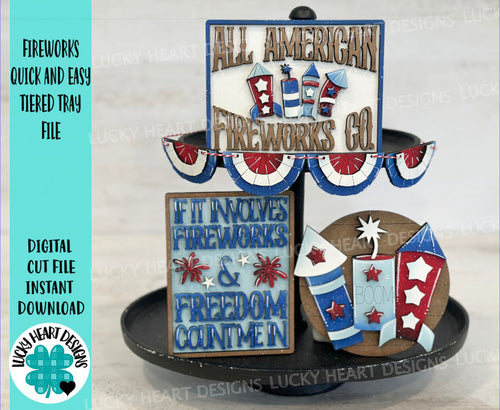 Fireworks Quick and Easy Tiered Tray File SVG, Glowforge, Fourth Of July, USA, America Tier Tray, LuckyHeartDesignsCo