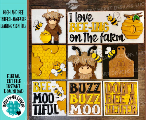 Highland Bee Interchangeable Leaning Sign File SVG, Cow, Farm, Honey, Glowforge, LuckyHeartDesignsCo